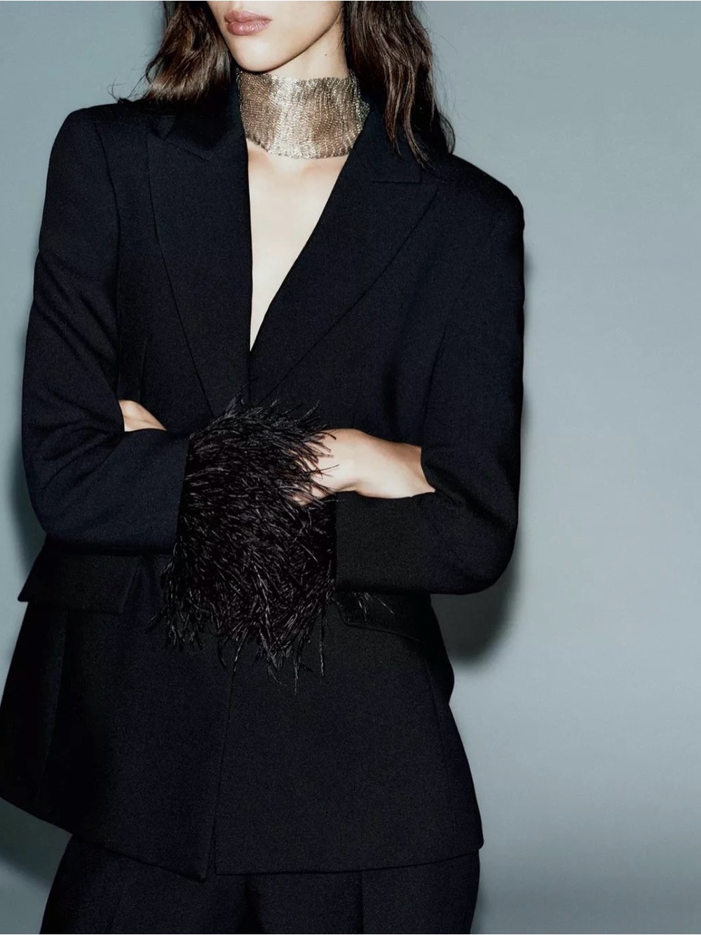 Zara Black Blazer with Feather-Cuff Detail